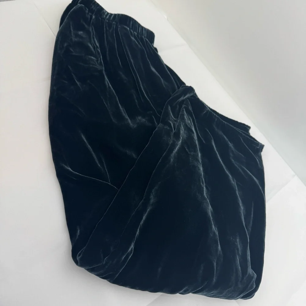 Eileen Fisher Size L Pants High Waist Elastic Waist Green Velvet Silk Blend